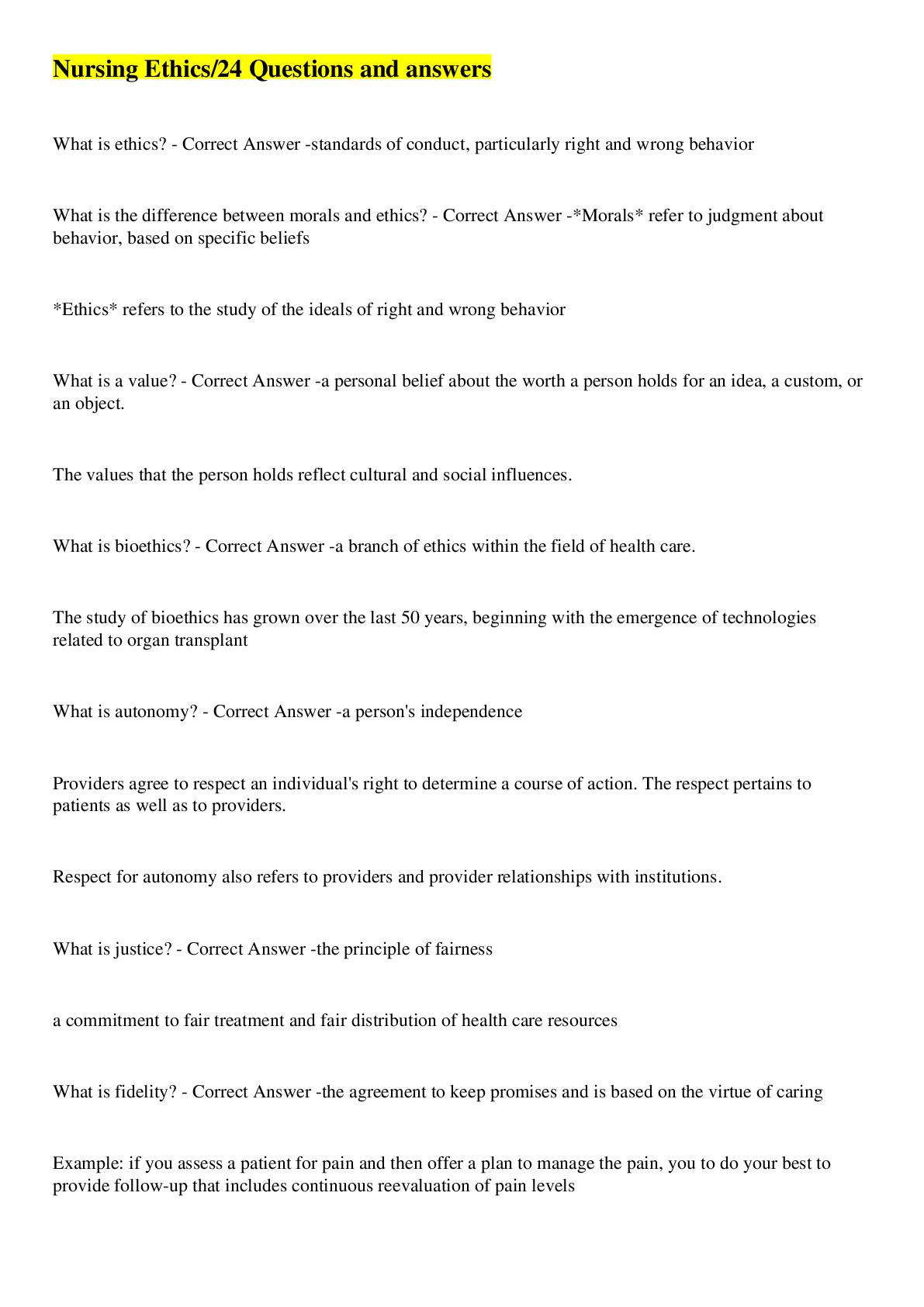 Preview image for Nursing Ethics/24 Questions and answers